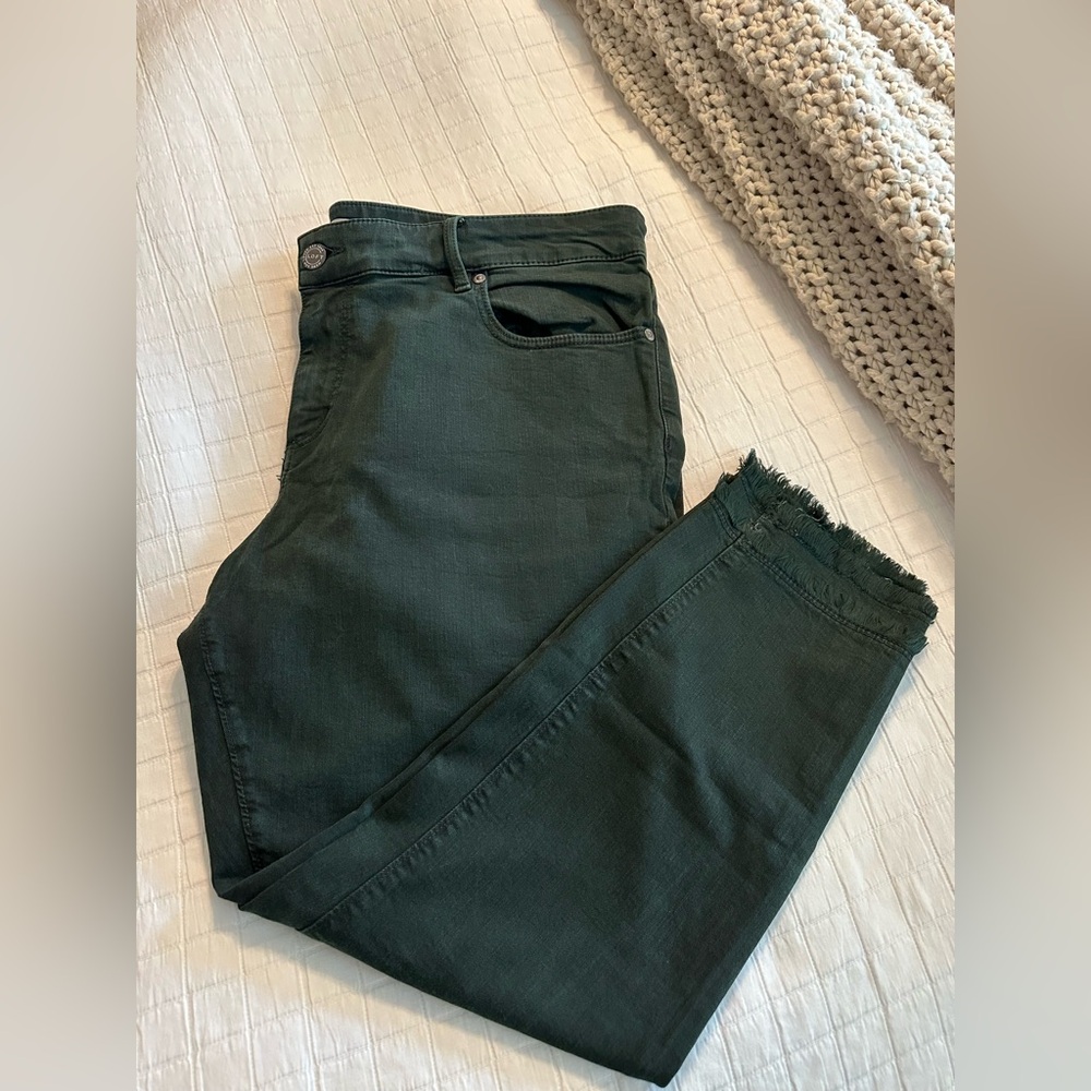 LOFT Green Skinny Jeans with Distressed Hem